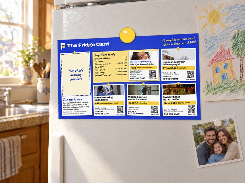 The Fridge Card on a kitchen fridge, with your ad on it